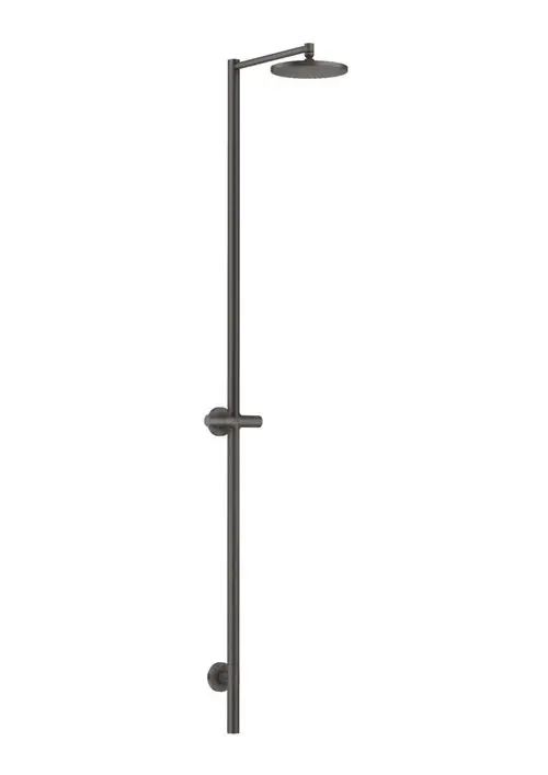 Duschsäule mit Kopfbrause in Brushed Black Chrome, montiert an einer Wand, hergestellt von AXOR. Einfache, senkrechte Gestaltung ohne Handbrause.